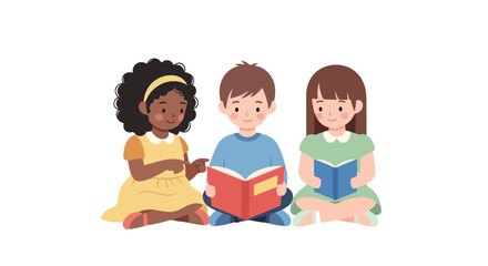Three diverse children are sitting on the floor together, happily reading colorful books and engaging in a shared learning experience.