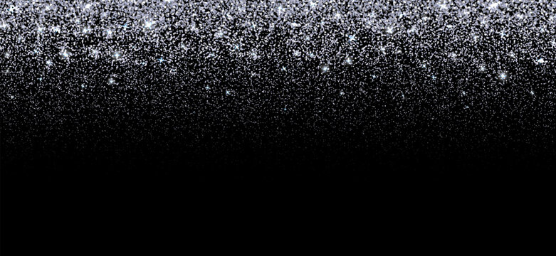 Silver glitter particles and dust spray effect vector background. Shiny star luminous festive particles. Holiday celebration luxury abstract texture overlay with confetti, sequin and shimmer glow
