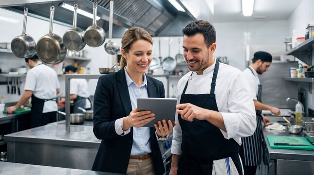 Culinary Collaboration: A chef and a manager engage in a discussion, sharing ideas and expertise in a professional kitchen setting, using a tablet to streamline the process.