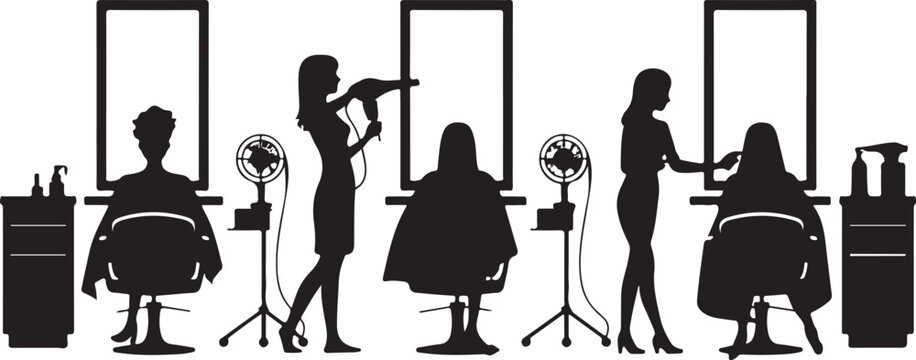 Silhouette of hair salon with stylists and clients
