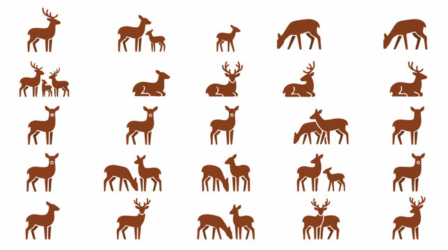 Collection of various deer silhouettes in standing and grazing poses