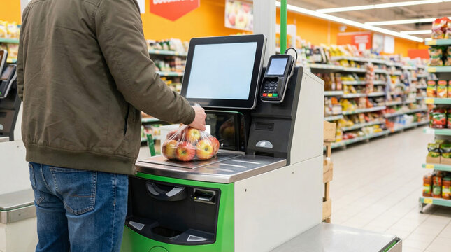 Modern Grocery Shopping Experience: A customer is using a self-checkout, selecting fresh produce at the supermarket. The scene depicts modern consumerism and convenience. 