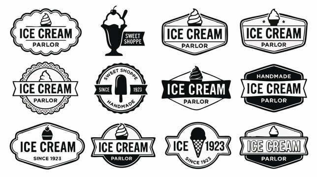 Black and white vintage ice cream parlor logos featuring classic designs with cones and text options