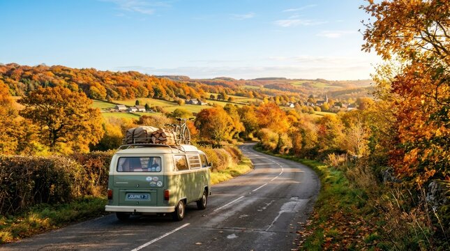 A vintage Volkswagen van driving down a winding road in a picturesque autumnal countryside, with the roof loaded with luggage, surrounded by colorful trees and a small village in the distance.