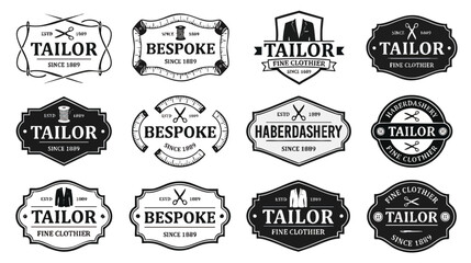 Fototapeta premium Vintage tailor and haberdashery emblems featuring scissors and text in various ornate designs