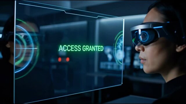 Human eye merged digital symbiosis concept. Futuristic biometric eye scan with access granted on transparent digital screen in modern technology security system