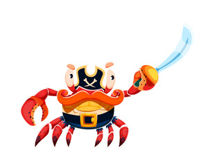 Cartoon red crab animal pirate character. Funny vector crab corsair with big red claws, yellow shell and large orange mustache. One claw holding sharp blue sword. Vector crustacean underwater corsair © Vector Tradition