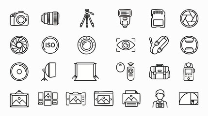 Fototapeta premium Collection of photography equipment icons including camera, lens, tripod, and lighting gear displayed in a grid pattern