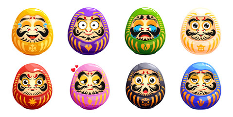 Funny japanese daruma dolls, traditional art of Japan, vector mascots of luck and success. Cartoon round color dolls with funny faces and emotions. Japanese daruma toys, Bodhidharma wishing charms set