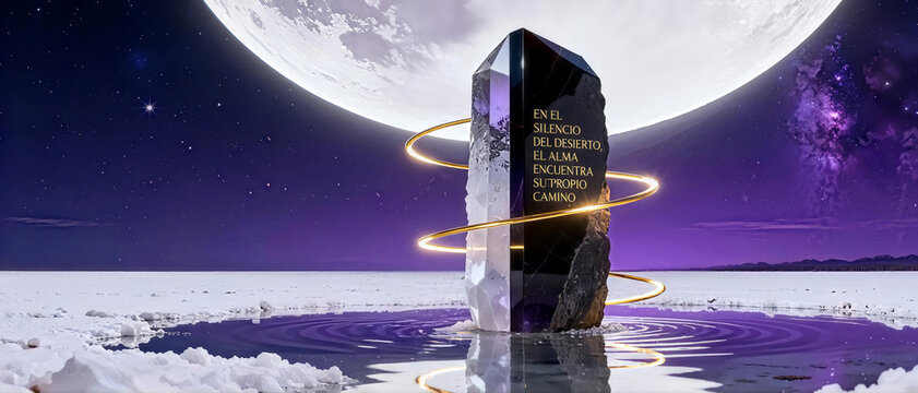  Monolito de cristal con frase inspiradora en un paisaje lunar futurista al atardecer.