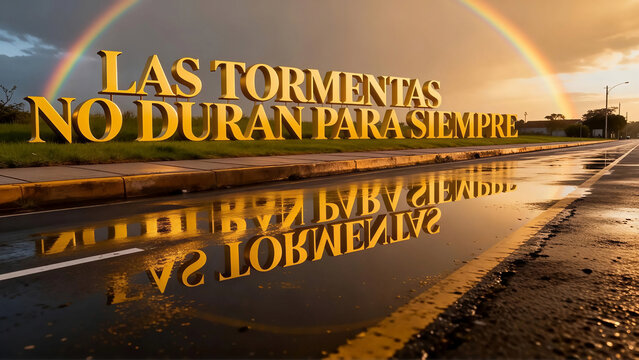 Frase motivadora 3D sobre carretera mojada con arco&iacute;ris y reflejo al atardecer. / Motivational phrase in Spanish
