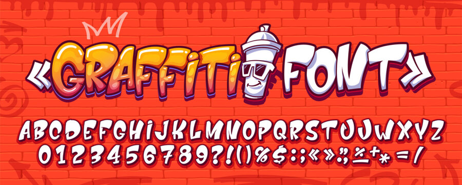 Street art cartoon graffiti font, urban typeface letters on brick wall vector background. Spray paint english alphabet type typography set with uppercase characters. Hip hop graffiti font abc letters