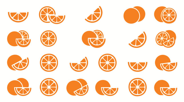 Collection of orange slice illustrations in various positions and angles showcasing different perspectives and styles