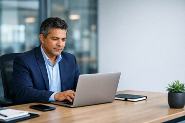 Fototapeta premium focused businessman works on laptop at modern office desk, taking notes beside smartphone and notebook. scene conveys professionalism, productivity, concentration and corporate work environment
