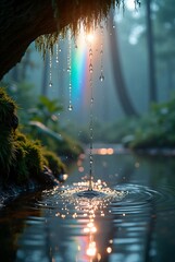 Fototapeta premium Glistening water droplets fall from moss into a calm woodland pond, vertical composition. Sunlight creates a vivid rainbow and illuminates sparkling ripples on the dark surface.