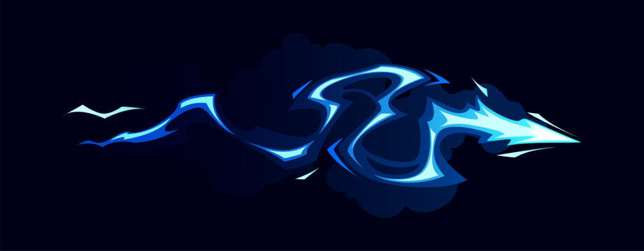 Cartoon game gun effect. Vibrant blue gunshot trail that glows and leaves a lingering smoke trail. Cartoon vector effect for sci fi game, laser weapon visual or futuristic combat animation