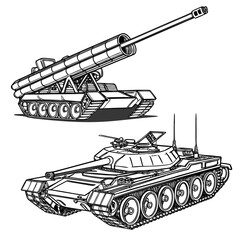 Fototapeta premium Military tanks and armored vehicles with cannons and guns for warfare and defense concepts