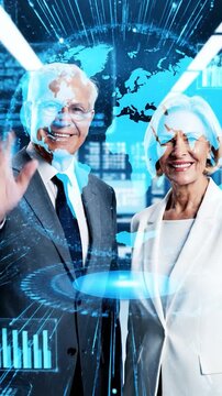 Two smiling business professionals in a modern digital environment