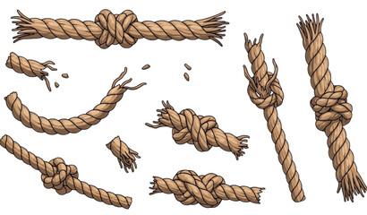 Sea rope vector set with twisted nautical ropes knots loops and rope ends flat illustration collection Keywords © MdAtaur