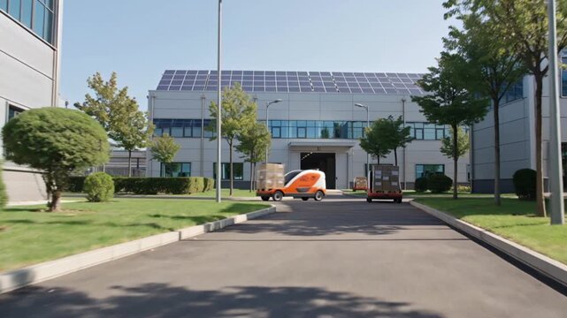 Aerial view of a large industrial building with solar panels on the roof and an orange construction vehicle parked outside