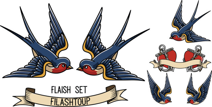 Vintage Swallow Tattoo Flash Set with Banner and Bird Designs Retro Traditional Art Vector Illustration Collection