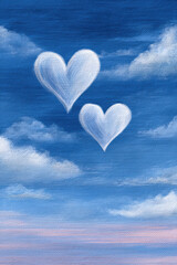 Fototapeta premium White cloud hearts floating in a deep blue sky with soft pastel horizon, dreamy romantic illustration conveying love, serenity, and peaceful atmosphere.