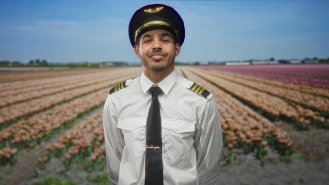 Young pilot man in full uniform and cap smiling with hands open, tieclip visible in studio; friendly confidence.