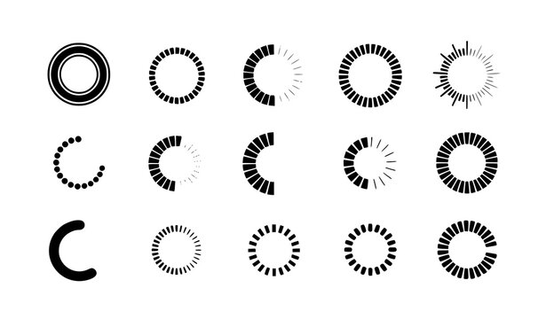 Circular loading spinner icons vector set with radial progress indicators and buffering symbols isolated on white