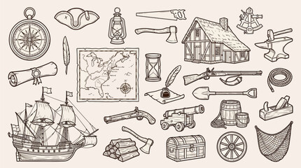 Fototapeta premium A comprehensive collection of vintage exploration and colonial era tools, weapons, and everyday objects, including a ship, compass, map, house, and various implements.