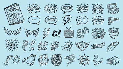 A collection of hand-drawn comic book and superhero-themed doodle icons, including speech bubbles, explosion effects, masks, lightning bolts, and various action elements on a blue background. © KN collection