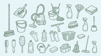 Collection of various cleaning tools and supplies in a hand-drawn sketch style. © KN collection