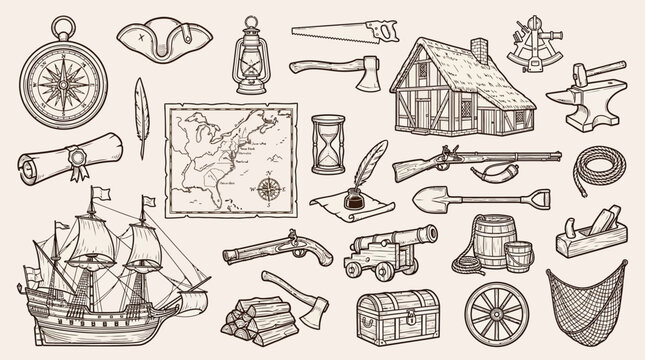 A comprehensive collection of vintage exploration and colonial era tools, weapons, and everyday objects, including a ship, compass, map, house, and various implements.