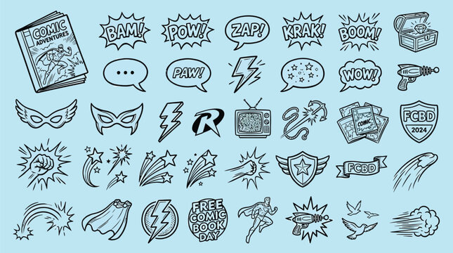 A collection of hand-drawn comic book and superhero-themed doodle icons, including speech bubbles, explosion effects, masks, lightning bolts, and various action elements on a blue background.
