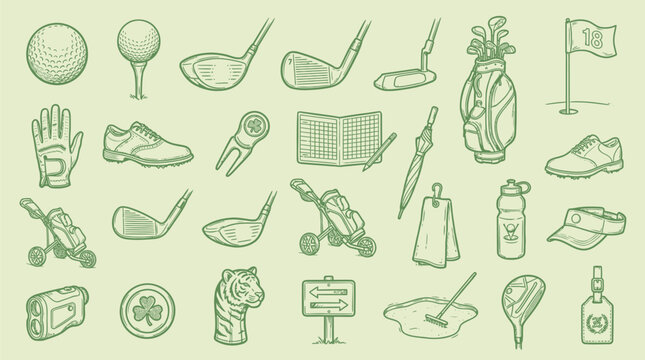 A comprehensive collection of golf equipment and accessories, illustrated in a vintage green etched style, perfect for sports and leisure designs.