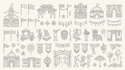 Naklejka premium Collection of intricate line art illustrations depicting cultural celebrations, architectural elements, and festive decorations.