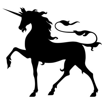 Majestic unicorn silhouette in a classic heraldic pose, featuring an elegant flowing mane and a stylized tufted tail. This high-contrast black vector illustration captures a sense of mystery and grace