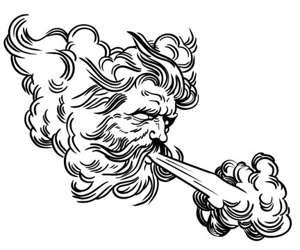 mythological depiction of Boreas or Aeolus, the Greek god of wind, blowing a gust of air. This minimalist linocut-style illustration features bold black contours and swirling cloud patterns.