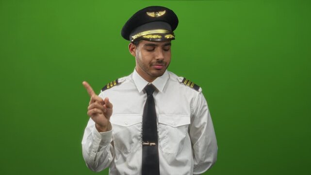 Young hispanic pilot in uniform points finger to chest, touching black tie with captain hat and epaulettes visible in studio; confidence.