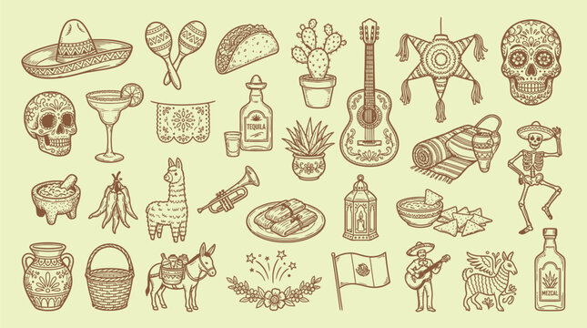 A collection of traditional Mexican cultural symbols and objects in a vintage engraving style on a light green background.