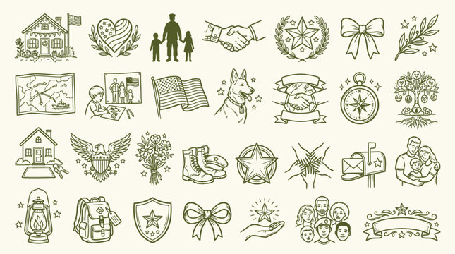 A collection of vintage-style hand-drawn icons representing military service, veteran support, patriotism, family values, and community spirit.