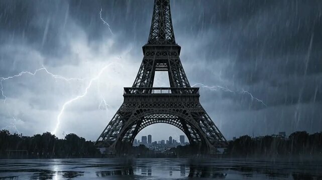 Eiffel Tower faces a severe hurricane storm disaster with lightning.