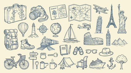 Hand-drawn vintage travel and tourism icons collection featuring famous landmarks, transport, and adventure gear on a light background. © KN collection