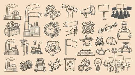 Vintage hand-drawn industrial and labor icons set, featuring factories, tools, workers, and protest symbols in a retro sketch style. © KN collection