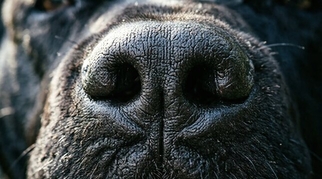 Ultra-detailed macro close-up of black dog nose showing intricate texture patterns, pores, and dermatoglyphics. Professional wildlife photography with shallow depth of field, perfect for veterinary, p