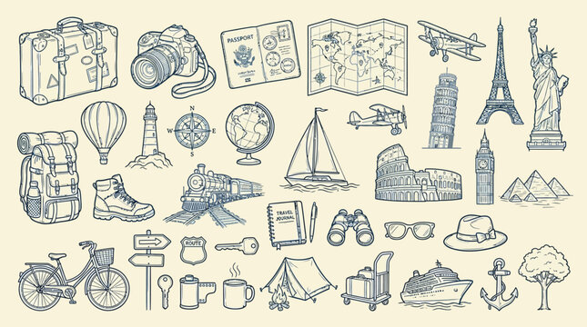 Hand-drawn vintage travel and tourism icons collection featuring famous landmarks, transport, and adventure gear on a light background.