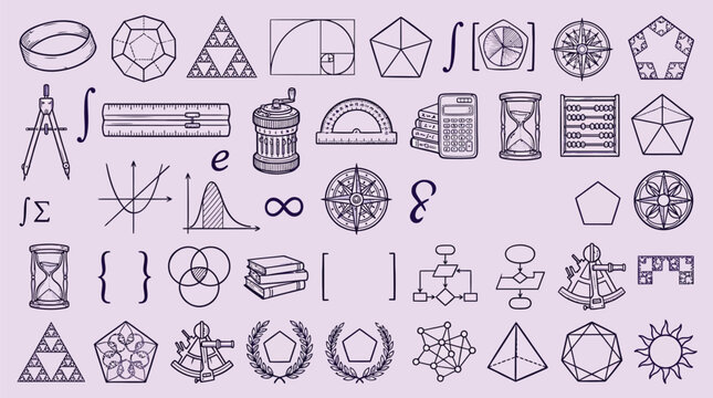 A comprehensive collection of mathematical and scientific symbols, geometric shapes, and tools on a light purple background.
