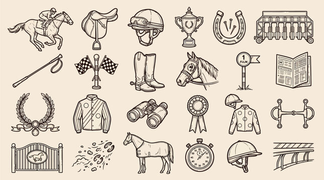 A comprehensive collection of hand-drawn vector icons depicting various elements and equipment associated with horse racing and equestrian sports.