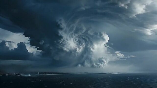 A massive hurricane storm disaster approaches over the ocean with dark clouds.