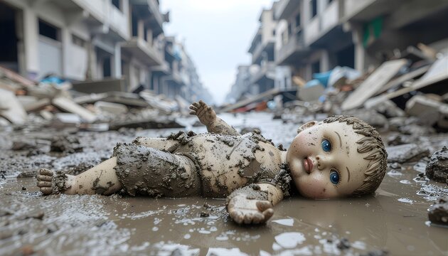Muddy child toy and cracked porcelain doll in city rubble with boot print for war conflict and humanitarian crisis concept