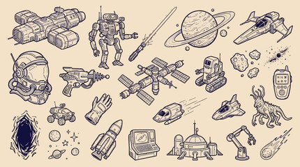 A collection of hand-drawn science fiction and space exploration elements, including spaceships, robots, aliens, and futuristic technology. © KN collection